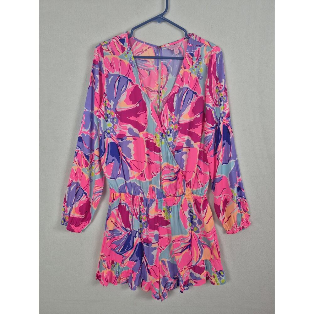 Lilly Pulitzer Romper Womens M Pink Floral Long Sleeve V Neck Ruffle EUC